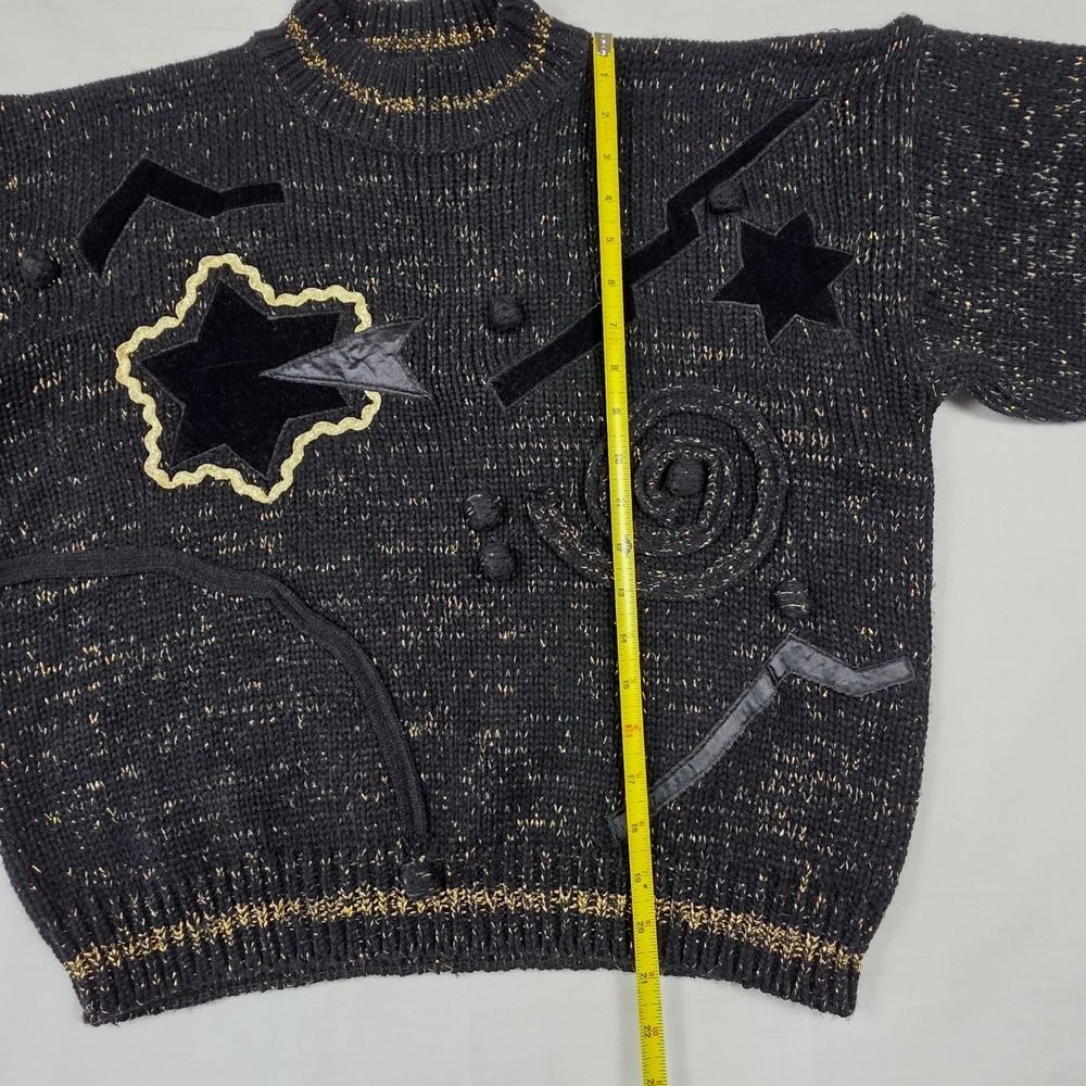 Vintage 80s Celestial Gold Sparkle Star Velvet Patch Mock Neck Sweater Womens L‎ - Picture 16 of 16